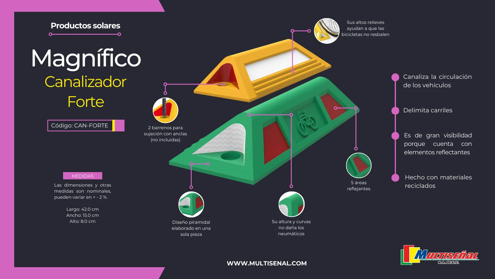 canalizador vial forte delimita carriles fabricado con materiales reciclados