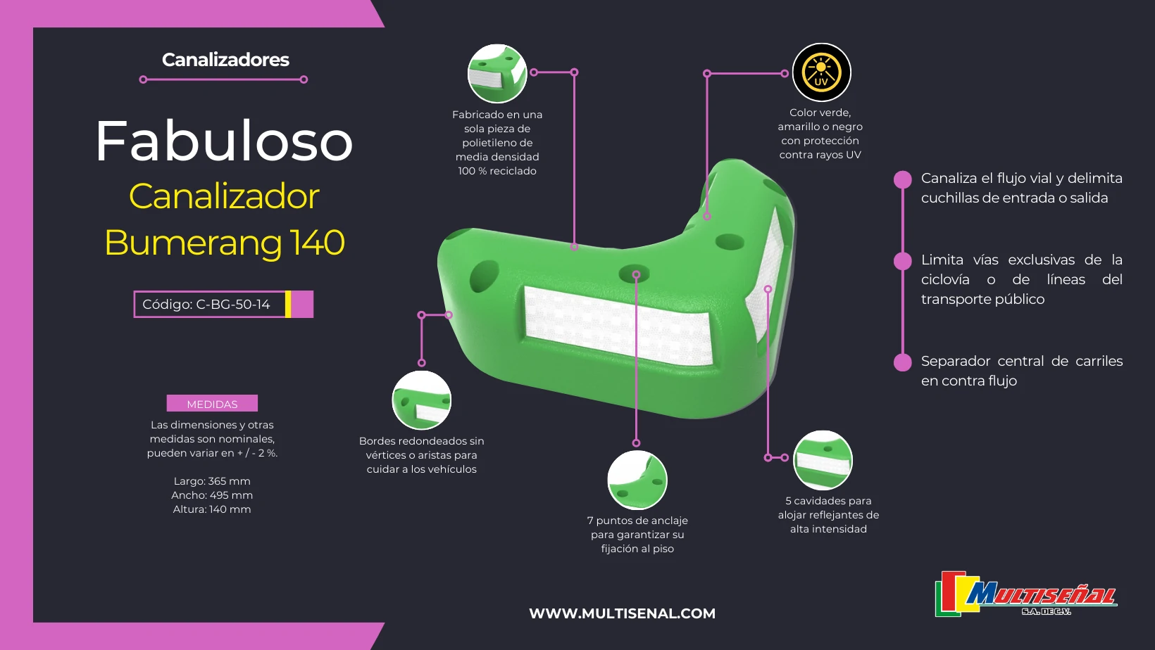 canalizador bumerang 14 fabricado en na sola pieza de polietileno de materiales reciclados