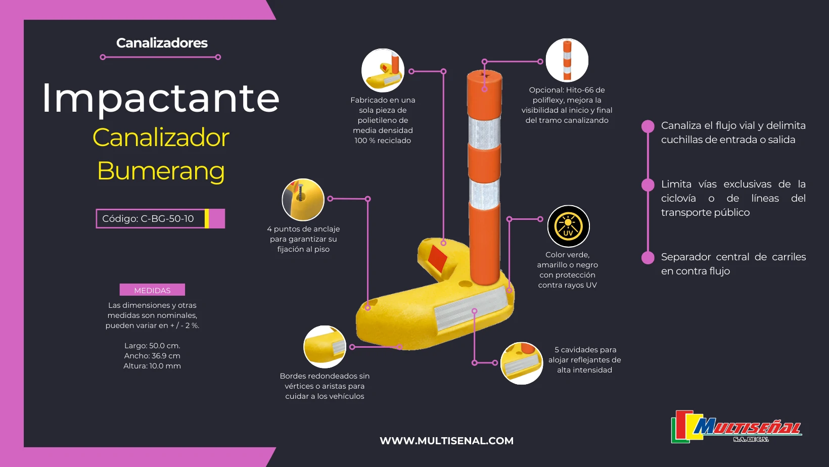 bumerang con hito usalo como separador central de carriles en contra flujo
