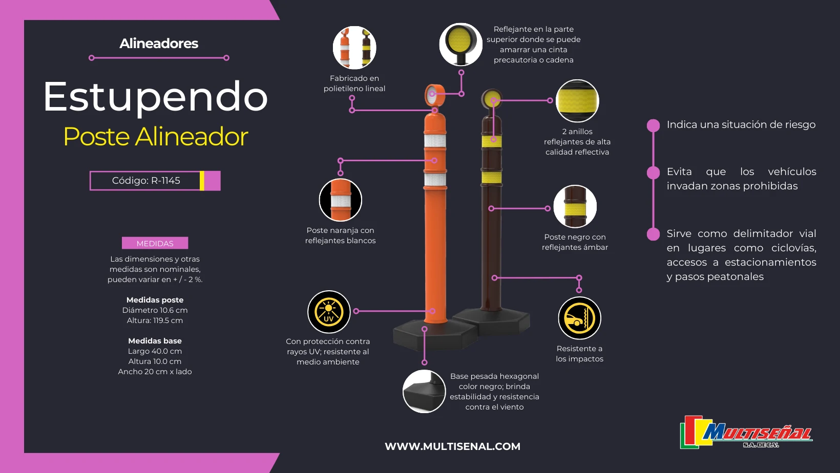 poste alineador de polietileno lineal base hexagonal y anillos reflejantes