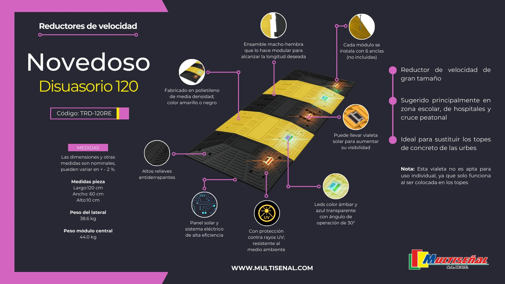 topes reductores de velocidad ensamble macho hembra y leds de color ambar y azul transparente