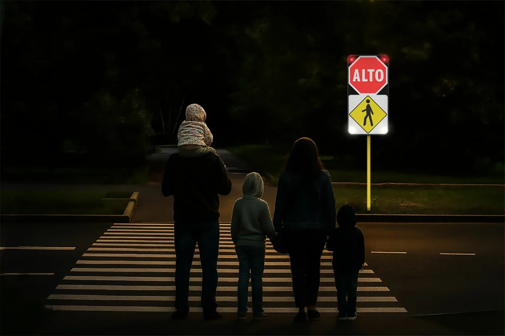 Una familia esperando antes de cruzar el paso de peatón. donde están atendiendo a la señal de alto que está en frente de ellos.