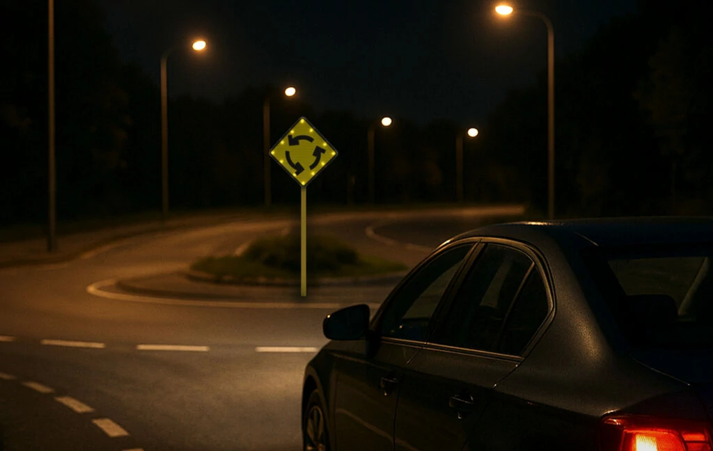 Auto se aproxima a glorieta durante la noche con señalamiento vial amarillo reflectante que indica rotonda, en vía urbana iluminada por faroles.