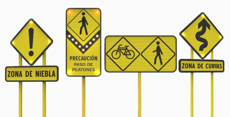 Conjunto de señalamientos amarillos que indican zona de niebla, paso de peatones con luces LED, cruce ciclista, cruce peatonal y zona de curvas; diseñados para advertir riesgos y garantizar la seguridad en la vía pública.
