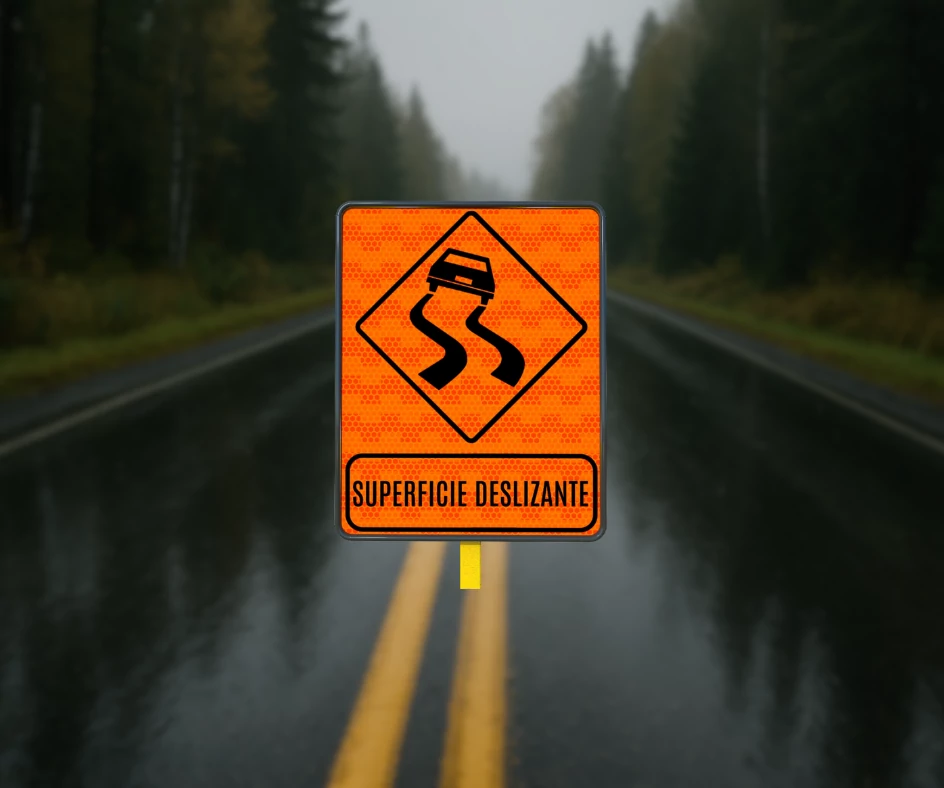 Señal preventiva naranja que alerta sobre superficie deslizante en carretera con riesgo de derrape..