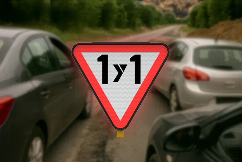 Señales triangulares de tránsito que indican paso alternado uno a uno para mantener el orden en zonas de reducción de carriles.