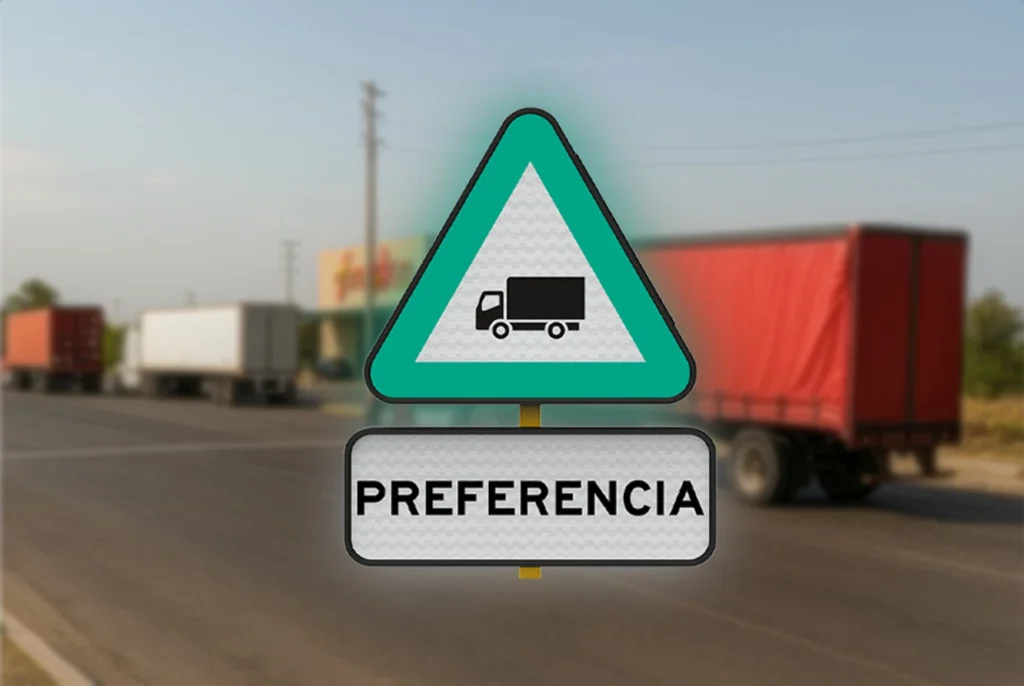 Señales triangulares que marcan preferencia para camiones en rutas de carga y zonas industriales.