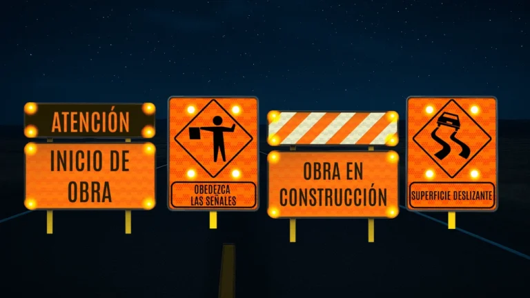 Grupo de señales viales naranjas con luces LED: Inicio de Obra, Banderero, Obra en Construcción y Superficie Deslizante.