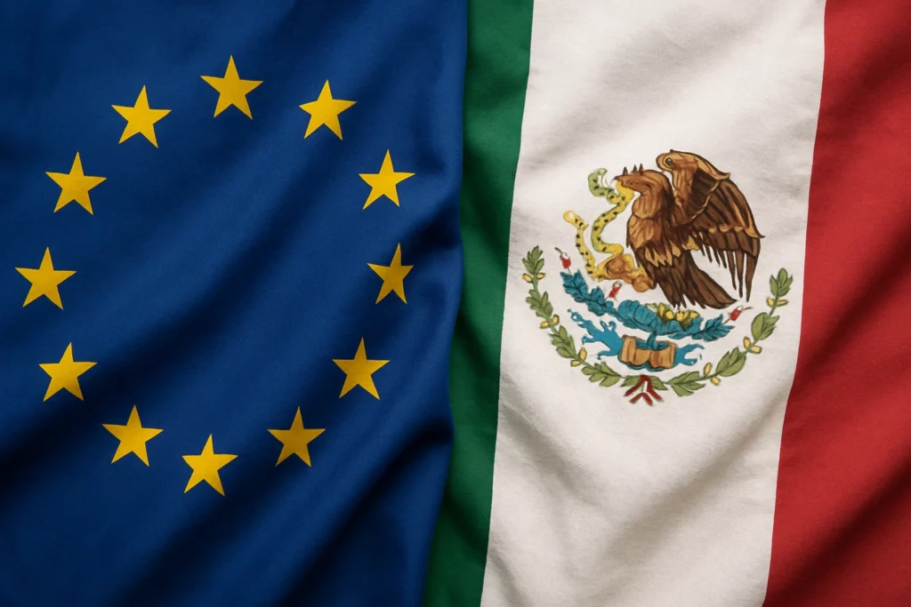 Banderas de la Unión Europea y México, simbolizando la influencia europea en el diseño y uso de señales triangulares adoptadas en la seguridad vial mexicana.