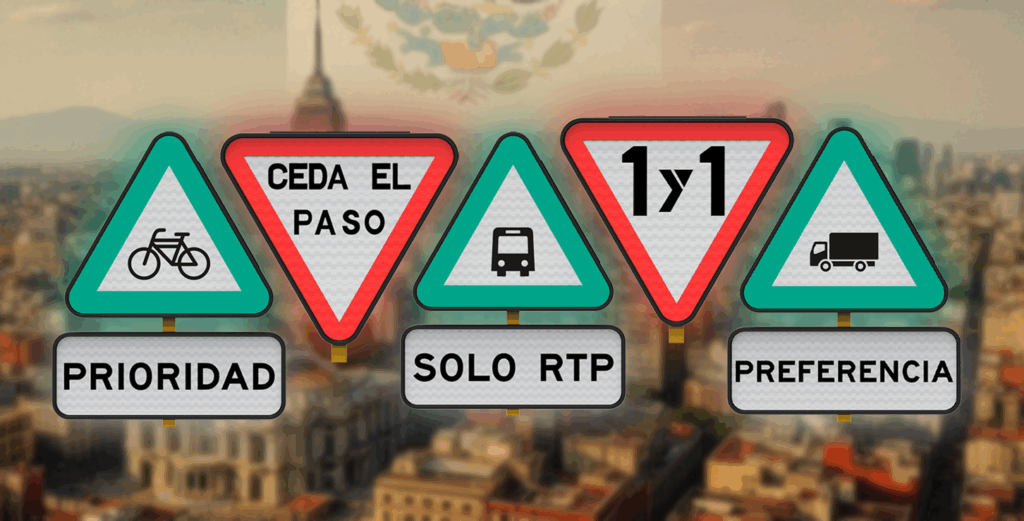 Señales triangulares de tránsito en México que muestran prioridad para ciclistas, transporte público, camiones y advertencias de ceder el paso.