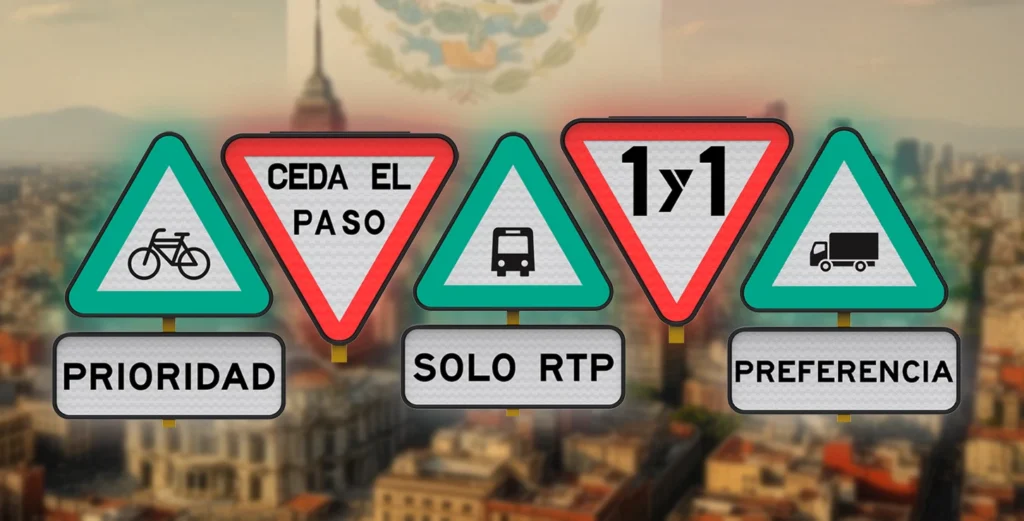 Señales triangulares de tránsito en México que muestran prioridad para ciclistas, transporte público, camiones y advertencias de ceder el paso.