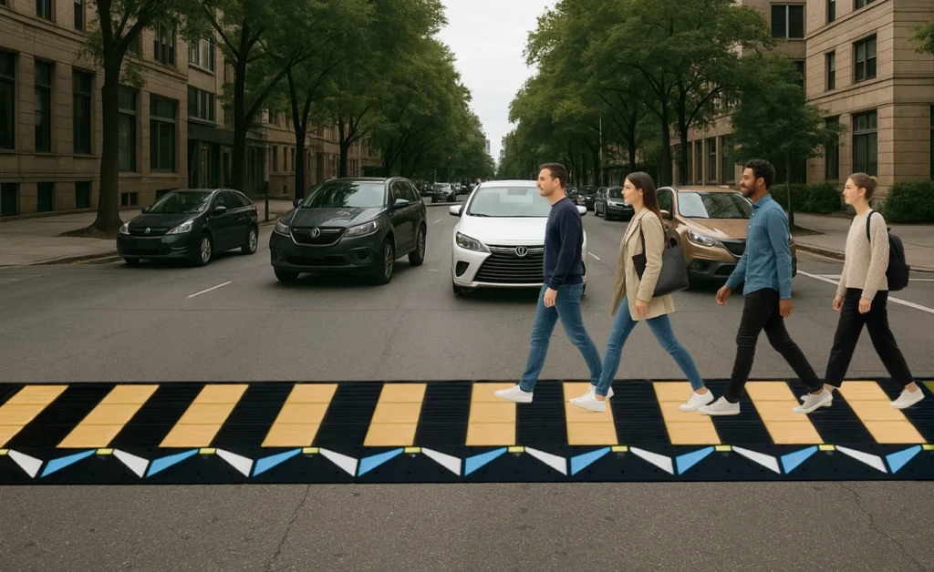 Paso peatonal 3D reforzado para una mayor visión y resistencia ante el desgaste vehicular.