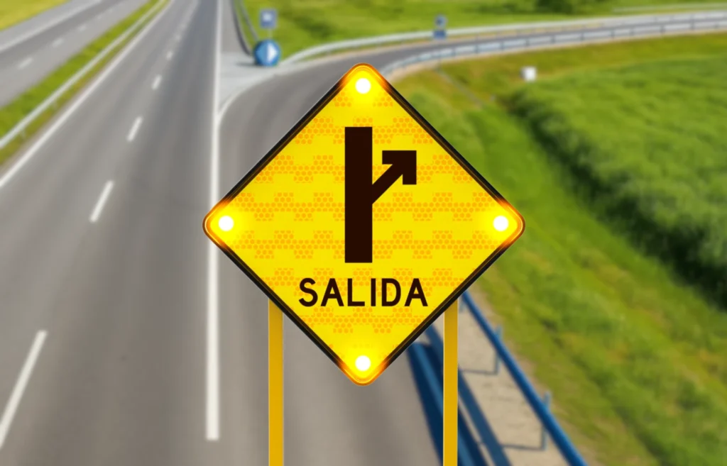señal de tránsito amarilla que indica salida en autopista