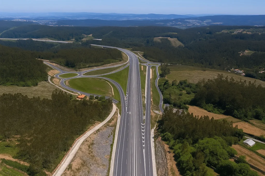 vista aérea de autopista con rampas de salida y carriles de desaceleración
