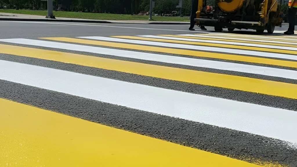Líneas amarillas y blancas recién aplicadas en un cruce peatonal para mejorar la visibilidad y seguridad de los peatones.