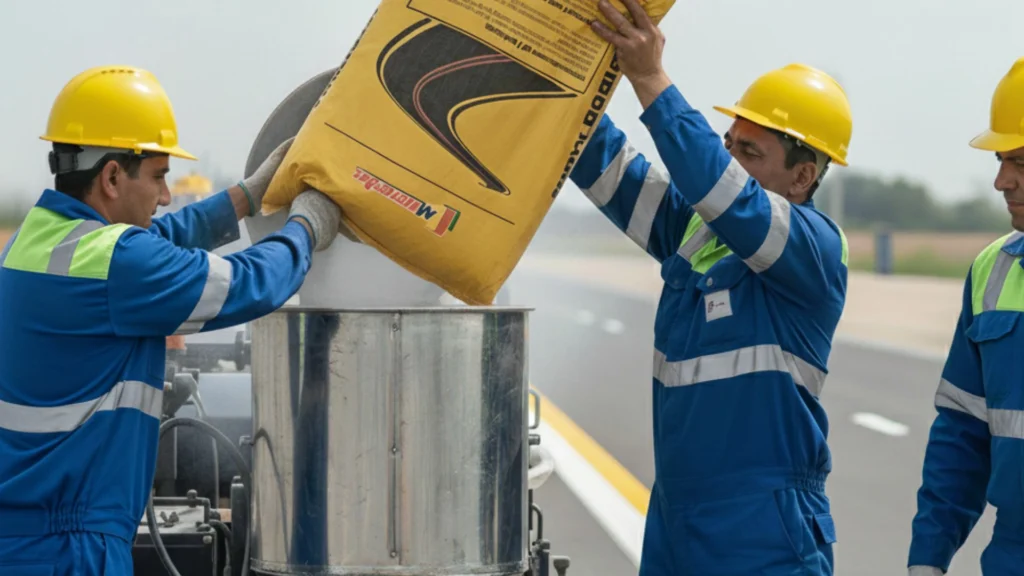 Trabajadores en carretera alimentando la máquina de aplicación con saco de pintura termoplástica para señalización horizontal