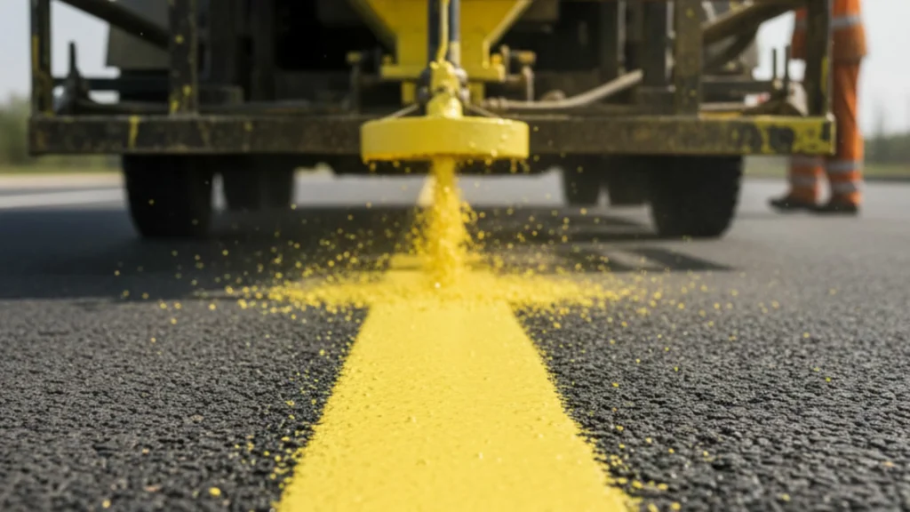 Proceso de extrusión de recubrimiento vial en color amarillo sobre el pavimento para delimitar carriles.