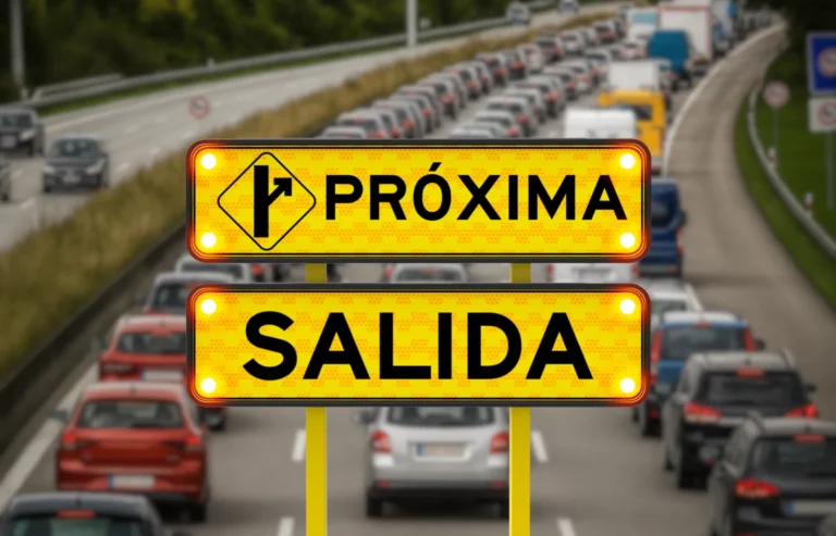 señal preventiva luminosa que indica próxima salida en autopista con tráfico intenso