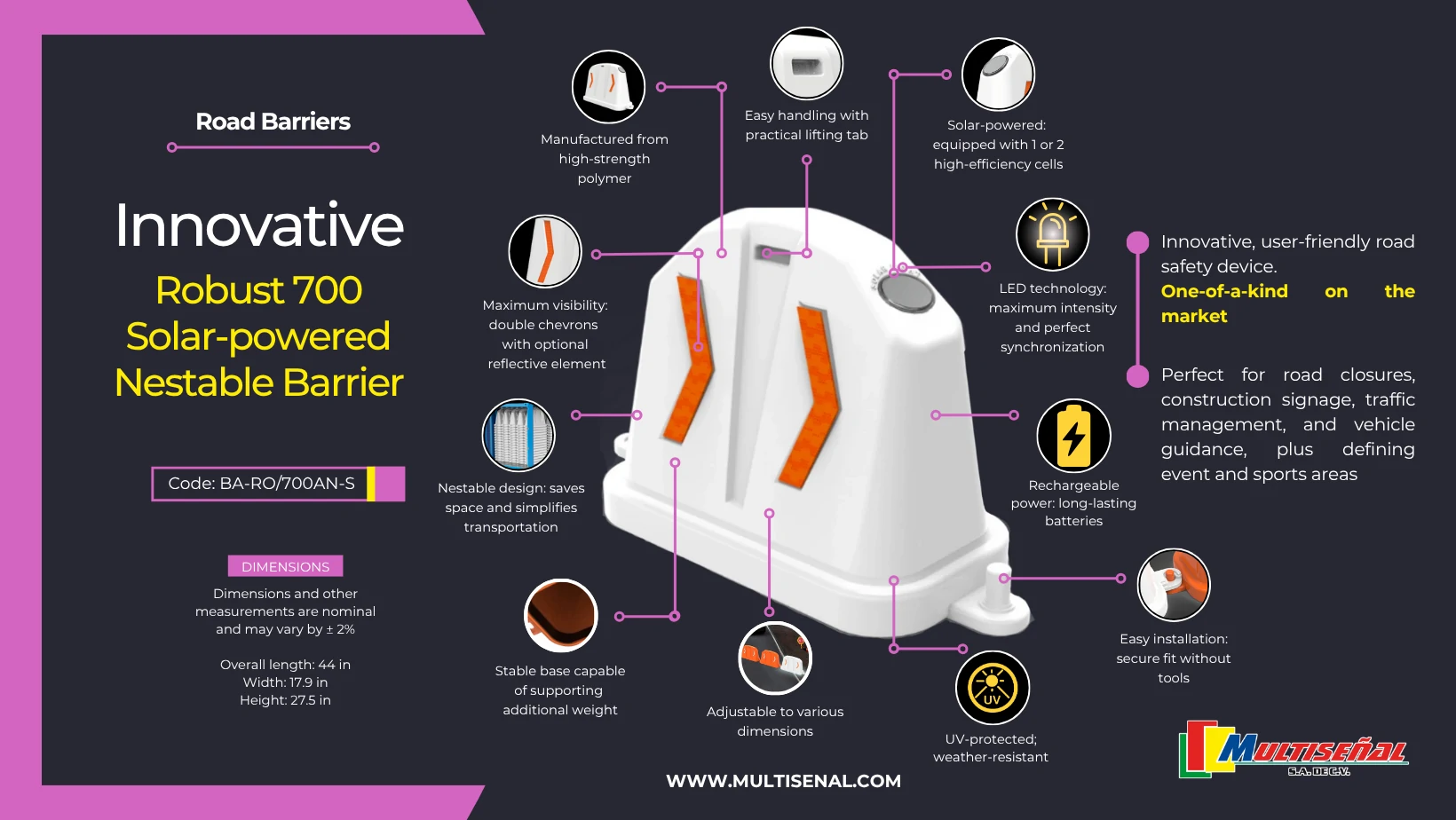 Robust 700 Solar-powered Nestable Barrier