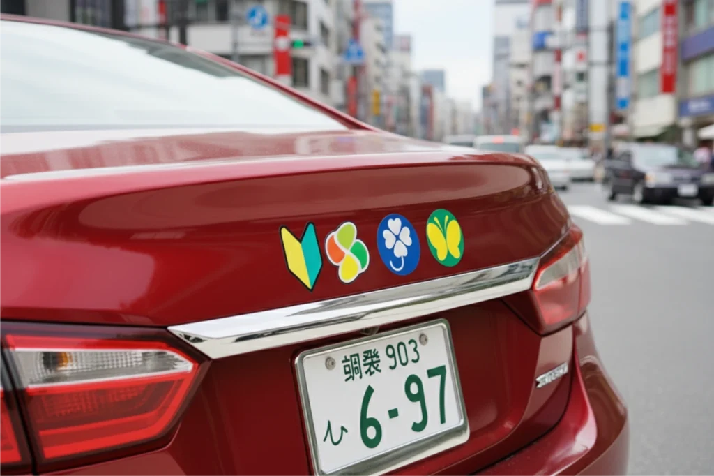 Pegatinas para autos en Japón que muestran los símbolos oficiales de conductores principiantes