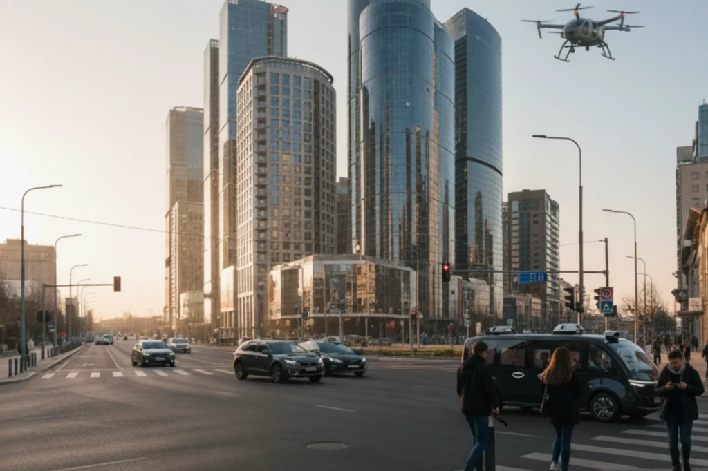 Vista urbana del transporte del futuro con autos eléctricos y un dron sobrevolando edificios modernos al amanecer.