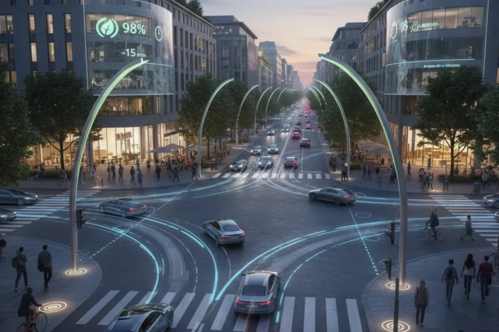 Avenida inteligente con vehículos conectados y semáforos digitales, ejemplo de movilidad inteligente y sostenible.