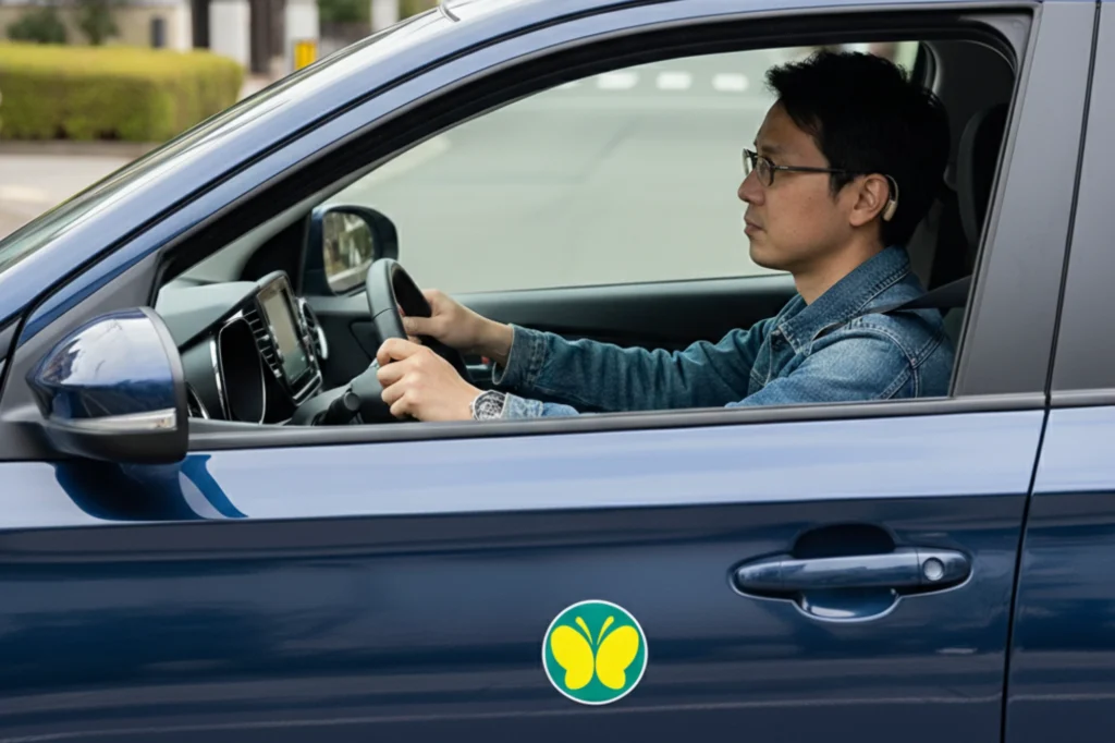 Sticker vial en Japón que señala a conductores con discapacidad auditiva.