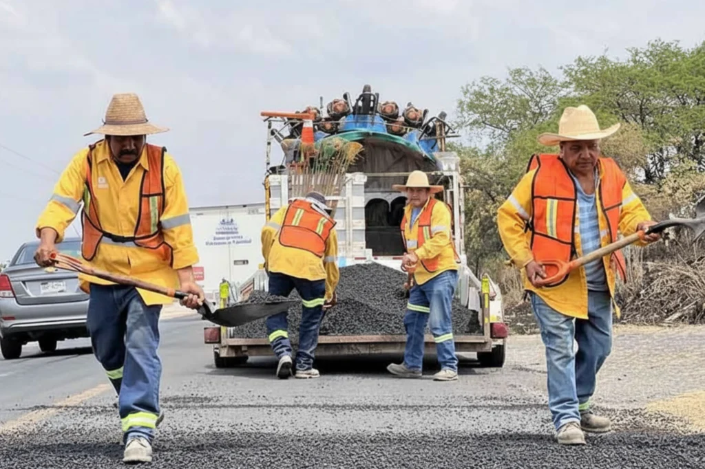 Día del Caminero en México, trabajadores de conservación aplican material asfáltico para mantener seguras las carreteras del país.