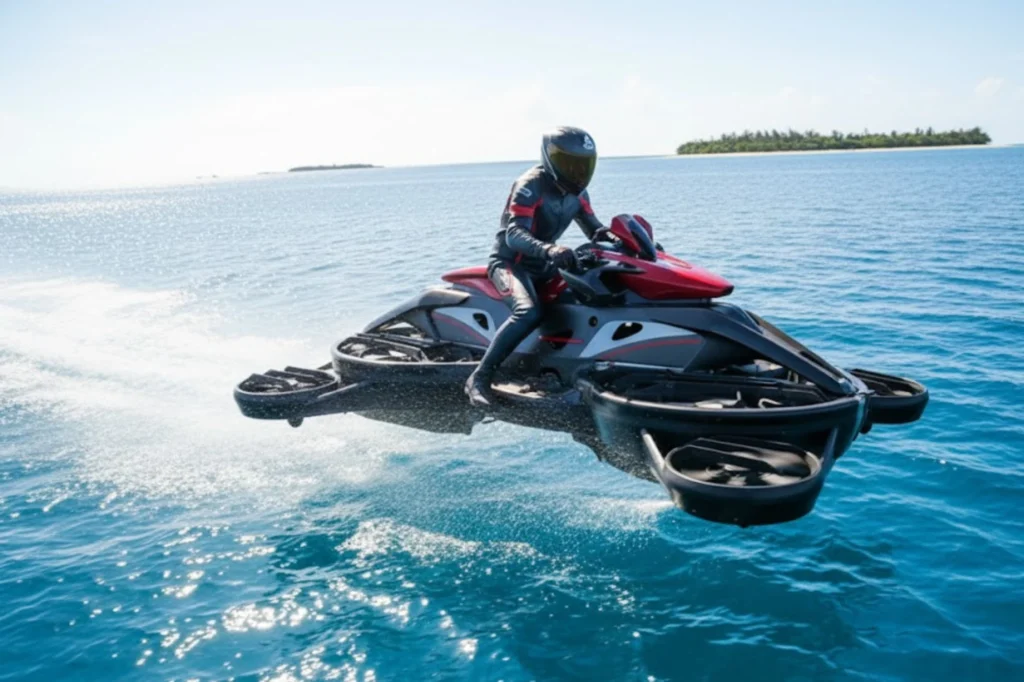 Motocicleta voladora tipo hoverbike sobre el agua, innovación en transporte personal avanzado.