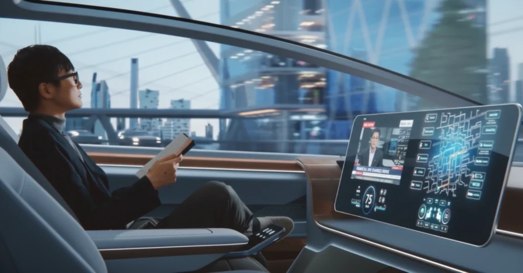 Vehículo autónomo con diseño moderno en circulación, símbolo de la evolución en movilidad automatizada.