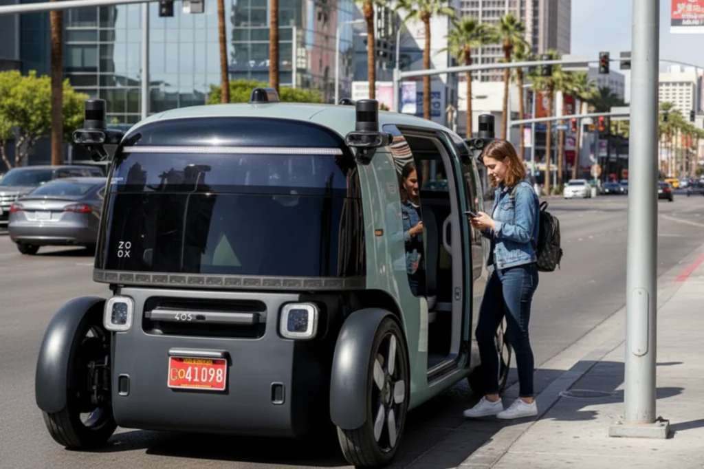 Persona abordando un robotaxi en la ciudad, ejemplo de movilidad urbana innovadora.