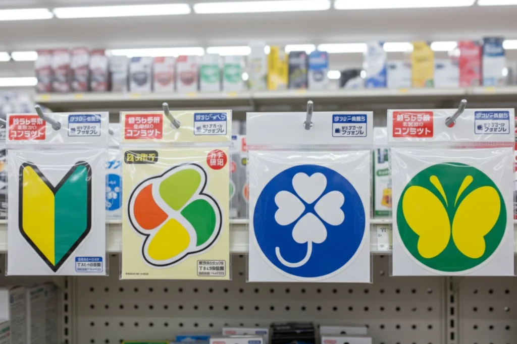 Stickers viales en Japón disponibles en tiendas, usados para identificar a conductores principiantes, mayores o con discapacidad.