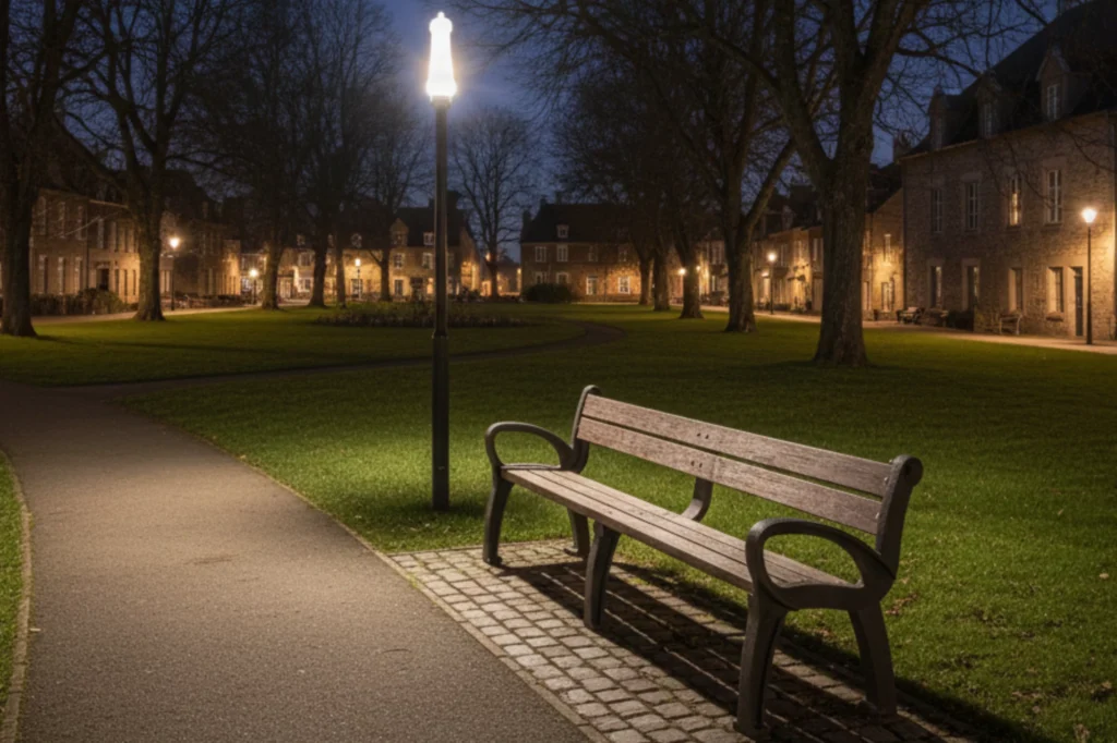 Mobiliario urbano e iluminación nocturna en un parque que refleja el ambiente sereno de una ciudad Cittaslow.