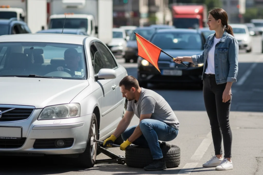 Conductor usa una banderola reflejante como parte de un kit de seguridad vial para desviar el tránsito durante una emergencia en carretera.