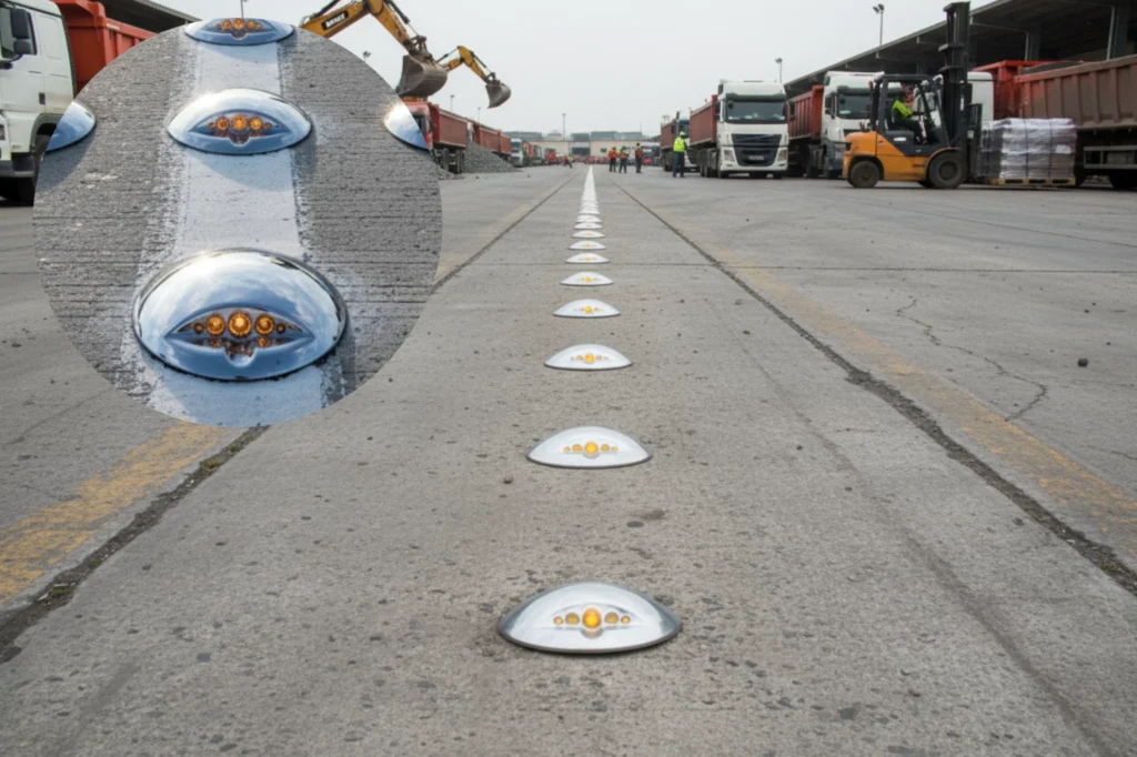 Ojo de gato vial de acero inoxidable instalado en una zona industrial, alineado sobre la línea blanca para delimitar carriles y mantener el orden del tránsito pesado