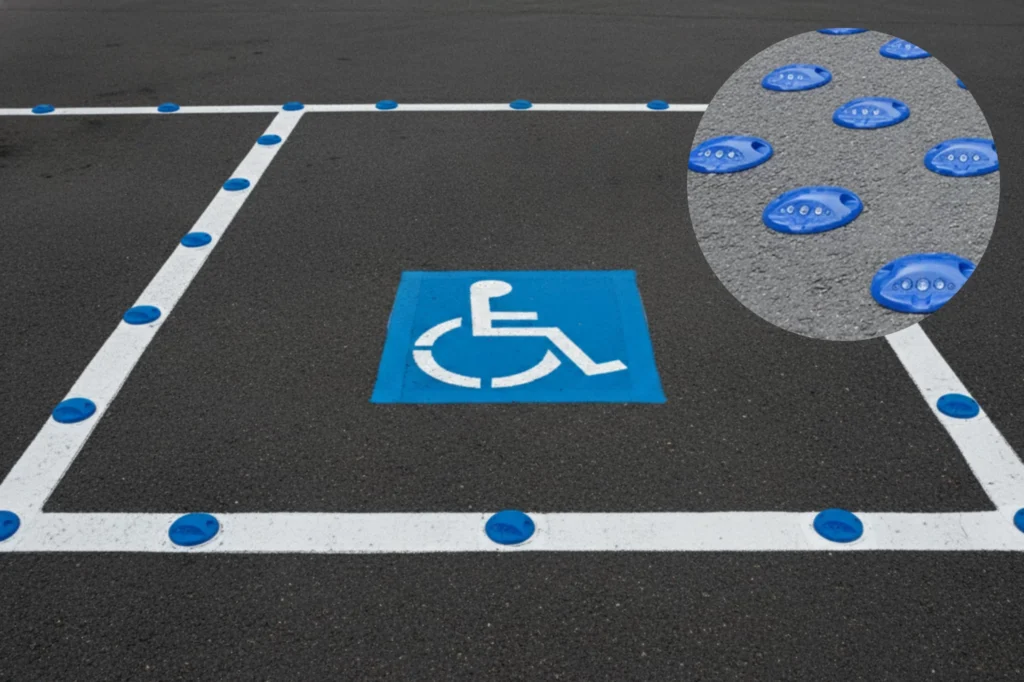 Botones viales azules instalados en un espacio de estacionamiento para personas con discapacidad, delimitando el área de uso exclusivo y garantizando orden y accesibilidad.