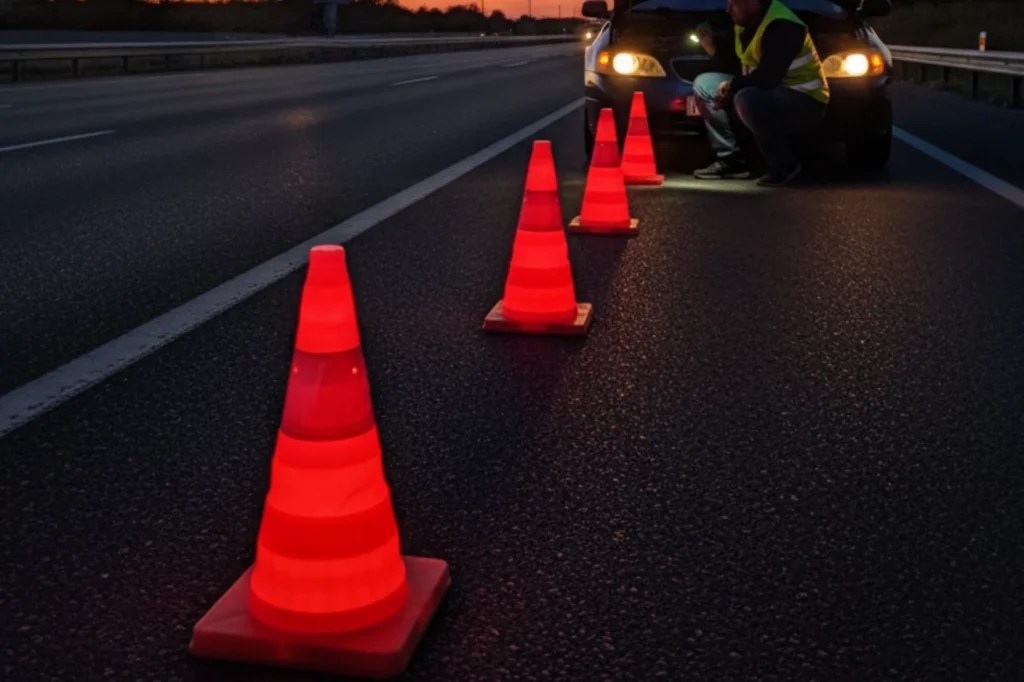 Conos retráctiles colocados sobre el pavimento, utilizados en un kit de seguridad vial para señalizar un vehículo detenido.