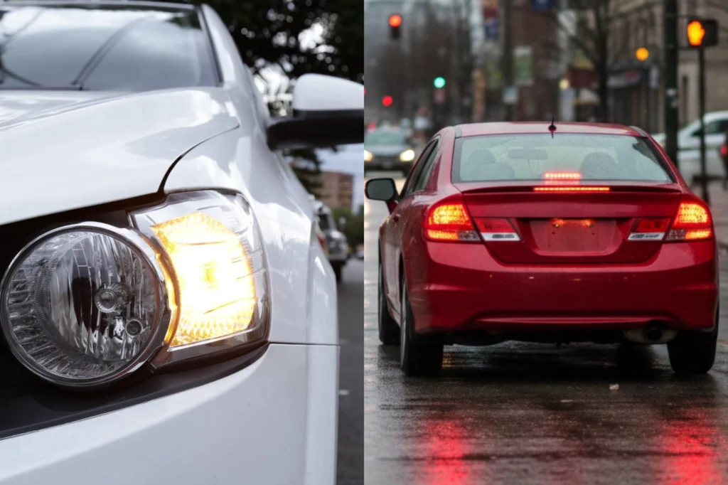 Luces de automóvil encendidas en las direccionales y frenos para mostrar maniobras y mejorar la comunicación en el tránsito.