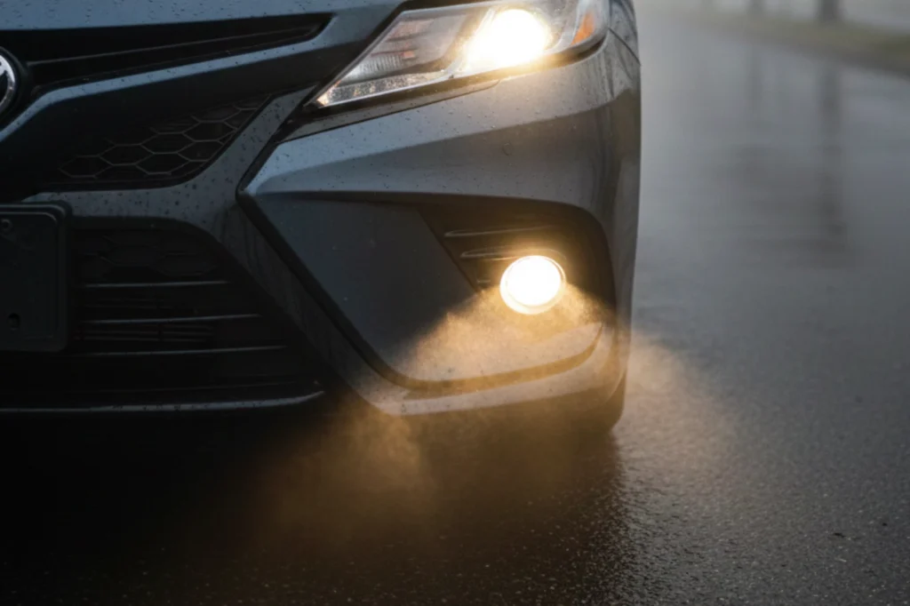 Luces del coche para niebla encendidas sobre pavimento húmedo en condiciones de baja visibilidad.