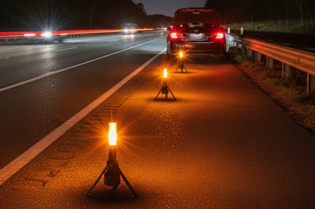 Lámpara trípode encendida al costado de una vía, iluminando un auto detenido como parte de un kit de seguridad vial completo.