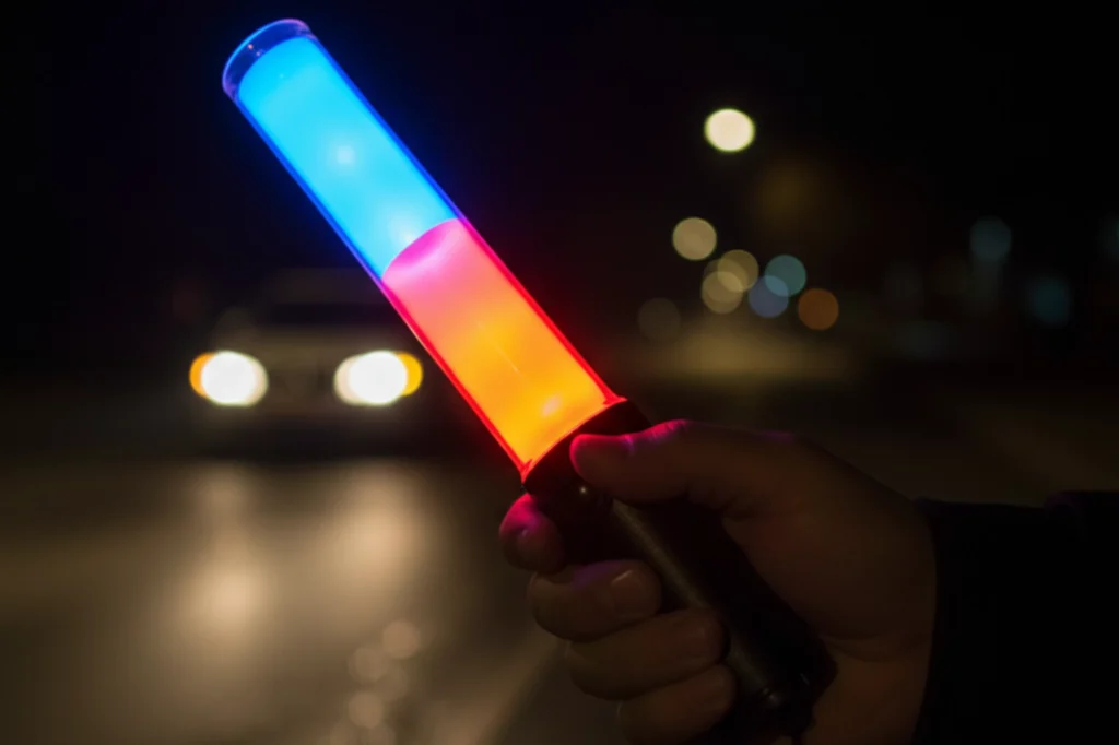 Lámpara portátil de señalamiento vial usada por un conductor para aumentar la visibilidad durante una parada nocturna.