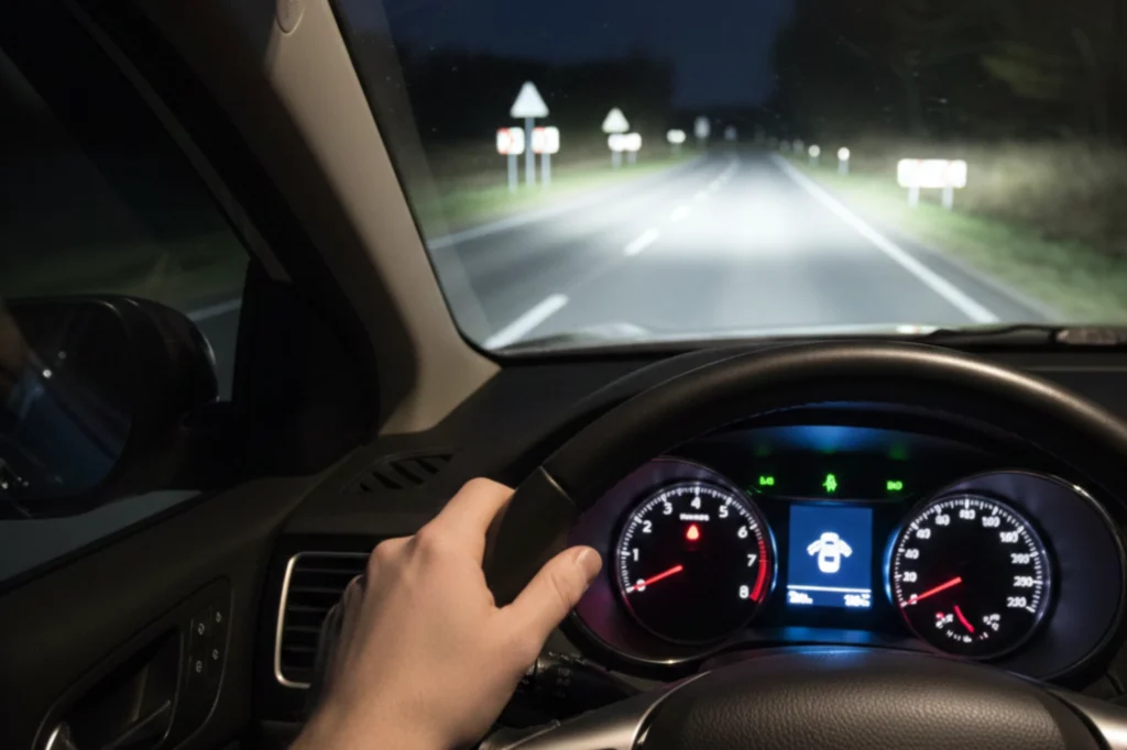 Luces de automóvil en modo de luz alta iluminando una carretera oscura durante un trayecto nocturno.