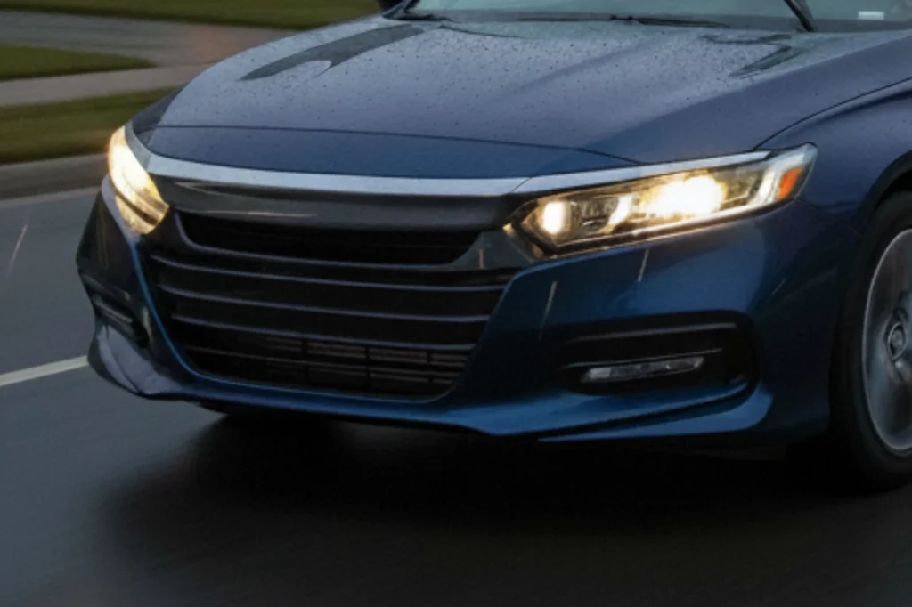 Luces del automóvil encendidas en la parte trasera para mejorar la visibilidad en calles con poca iluminación.