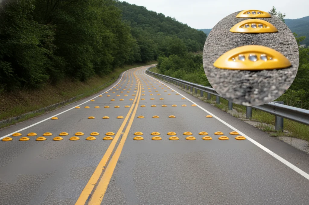 Botones viales amarillos colocados en curva y pendiente para reforzar la seguridad vial y guiar a los conductores en tramos de reducción de velocidad.