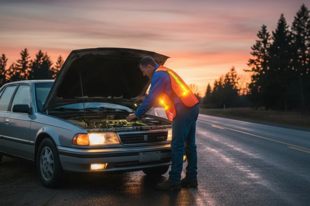 Persona revisando su auto mientras porta un chaleco reflejante con luz LED, elemento esencial de un equipo vial de emergencia.