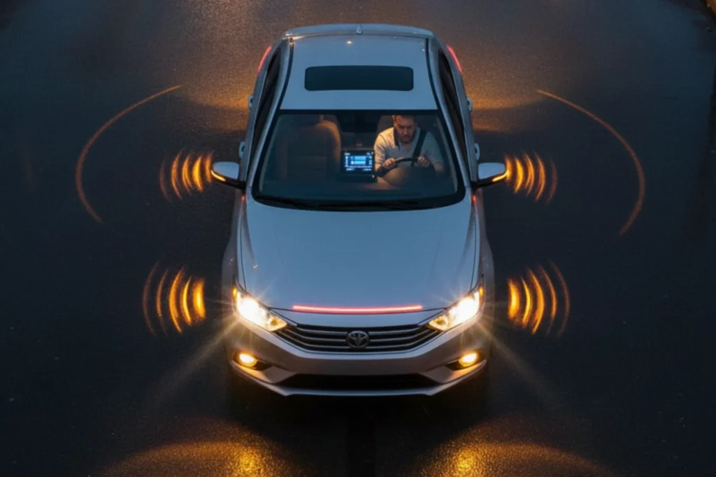 Revisión de luces de automóvil desde la cabina para asegurar una conducción segura durante la noche.