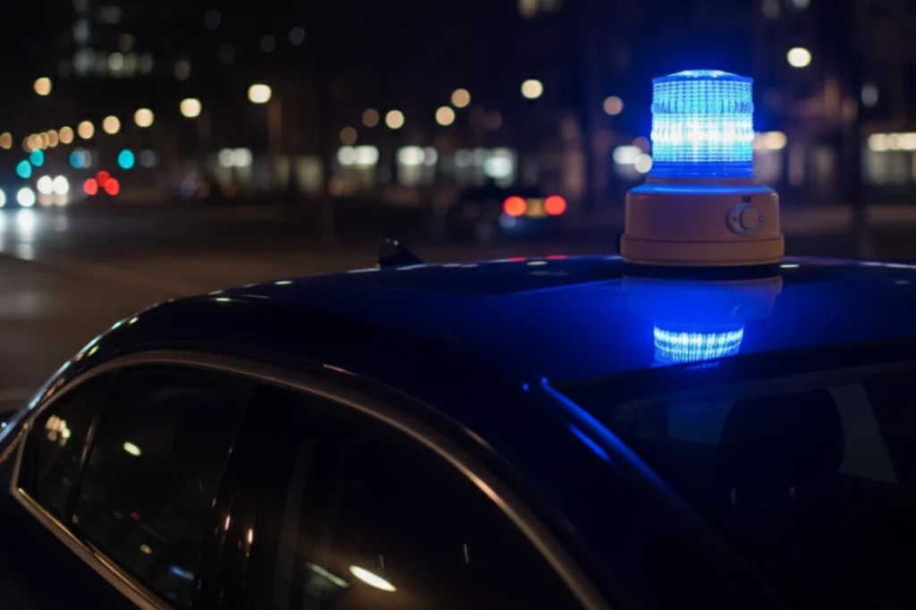 Torreta luminosa azul encendida sobre el techo de un vehículo, utilizada en operaciones de prevención y control vial.