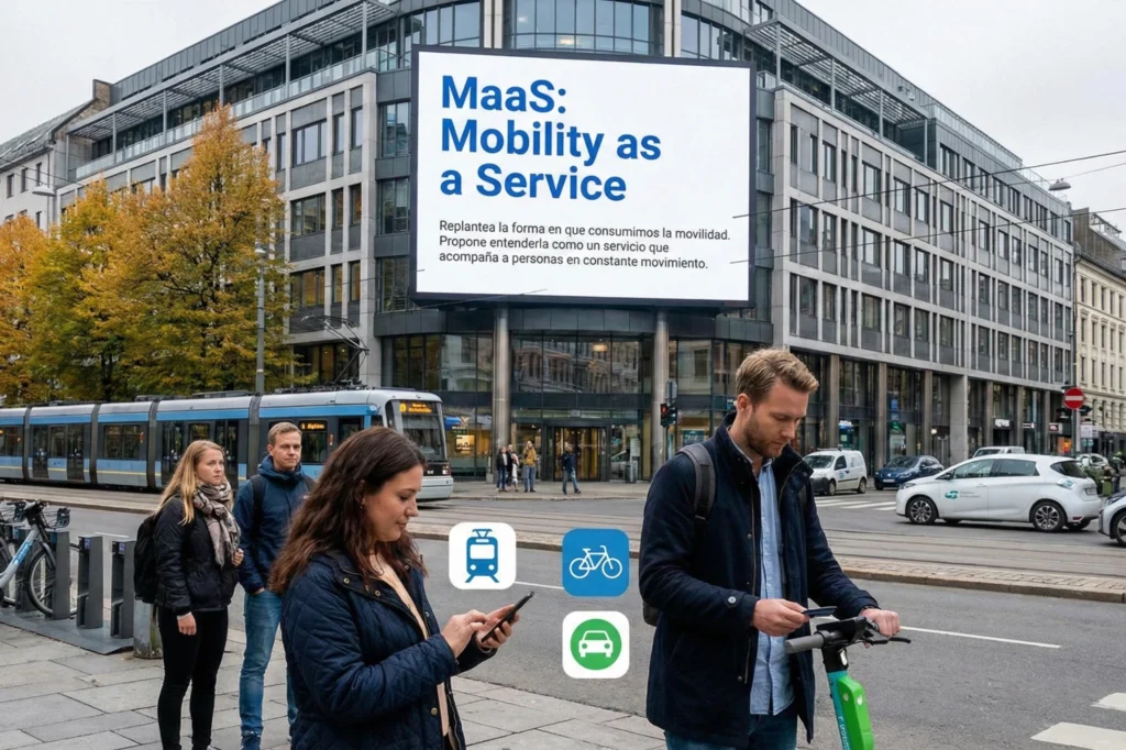 Espacio público europeo donde la movilidad urbana integrada conecta transporte público, bicicletas y desplazamientos peatonales