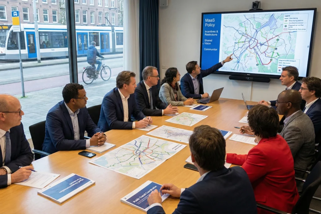 “Reunión de planeación urbana donde se analiza el modelo MaaS para integrar transporte público y micromovilidad en la ciudad.