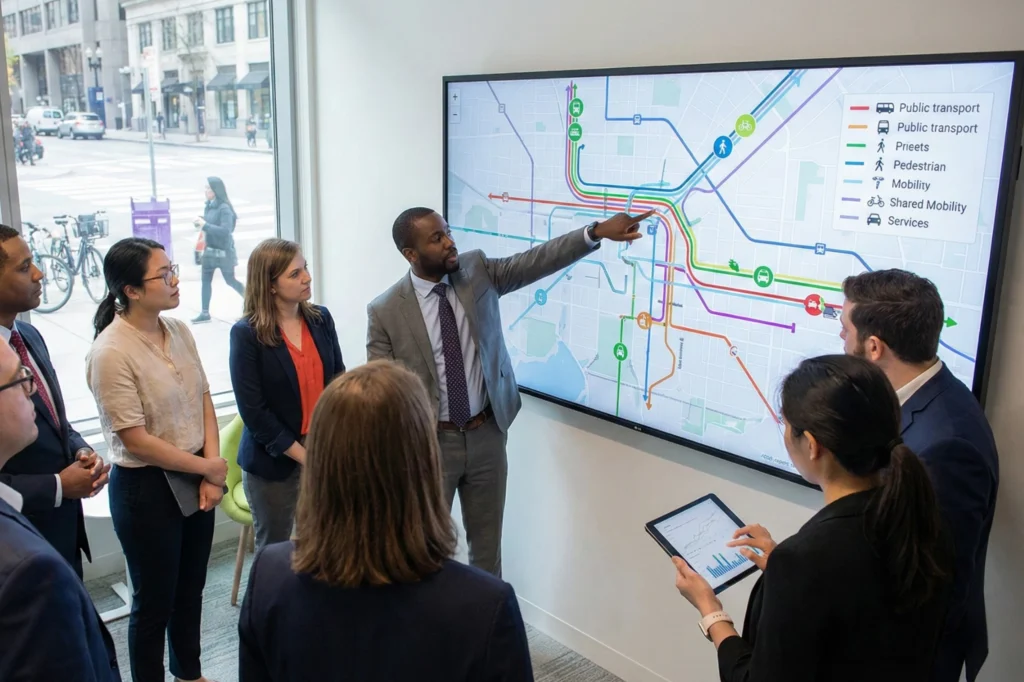 Escena urbana europea que muestra el enfoque MaaS como modelo de movilidad integrada centrada en las personas.